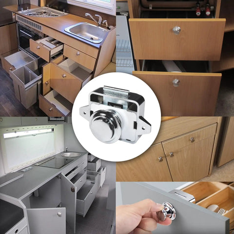 Collage showing Ten Pack Keyless Push Button Cabinet Latches For RVs And Marine Use With Screws And Steel Pads Mini Cupboard Locks