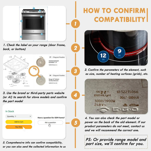 Steps to confirm compatibility for Upgraded 12 Inch Dual Radiant Surface Element Replacement For Electric Stoves.