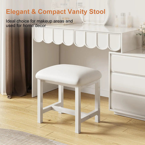 White Vanity Stool With Leather Cushioned Seat Small Vanity Chair For Makeup Desk in bedroom setting