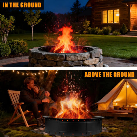 36 Inch Smokeless Fire Pit Ring For Patio And Backyard Large Outdoor Campfire Pit In Black Steel With Air Vent In Use