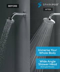 SparkPod 6-inch polished chrome rainfall shower head on the right; left shows an old shower head