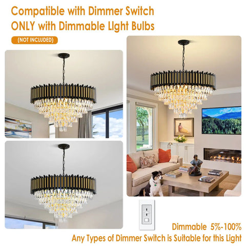 3 Tier Black And Gold Crystal Chandelier Pendant Light Fixture with dimmer switch in living room, flush mount ceiling lighting