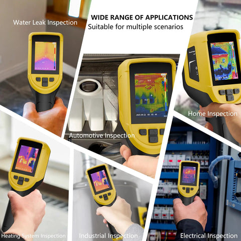 Handheld Thermal Camera With 320x240 TISR Resolution And 120x90 IR High Resolution, shown in use for various inspections.