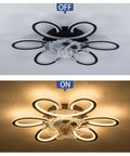 5 Pc Ceiling Fan with Lights Remote Control 25 inch Black 6 Speeds 3 Light, shown OFF and ON with light glow and design details.