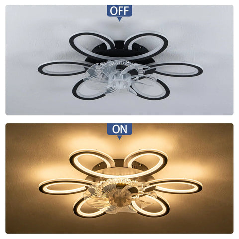 5 Pc Ceiling Fan with Lights Remote Control 25 inch Black 6 Speeds 3 Light, shown OFF and ON with light glow and design details.
