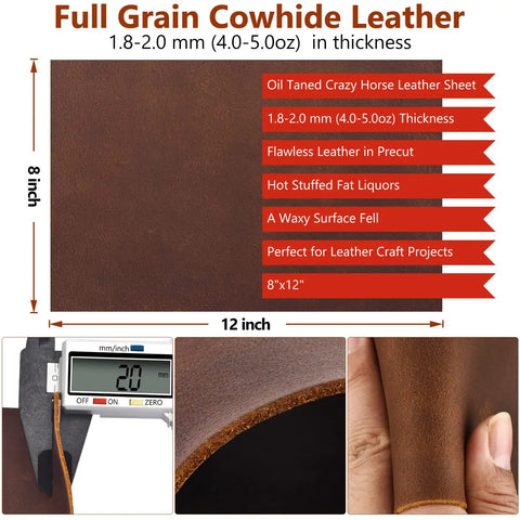Oil Tan Crazy Horse Cowhide Leather Sheets 1.8-2.0mm Thick Full Grain Genuine Leather for Tooling, Sewing, Wallets, Earrings, Crafts