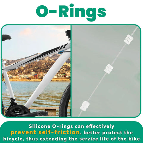 Close-up of silicone O-rings on clear cable from Universal Mountain Bike Brake And Shift Cable Kit With Silver End Caps O Rings And Cable End Caps 40 Piece Set For MTB Heavy Duty Durable Stainless Steel Cables For Smooth Braking And Shifting.
