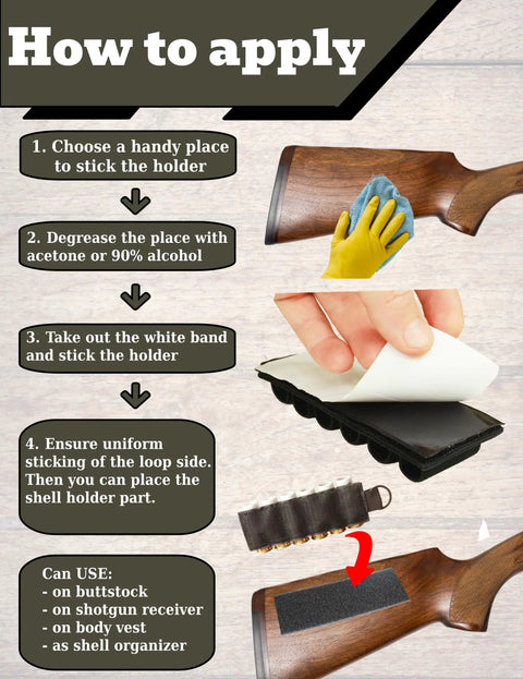 Instructions for applying Six Pack 12 Gauge Shotgun Shell Holder Side Saddle Carrier to stock using adhesive backing.