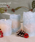 Ocean Themed Flameless Seashell Candles With Remote Control Real Wax Flicker Effect Battery Powered For Home Decor Party Wedding Nautical Christmas Easter Set Of 3 Blue displayed with holiday decor