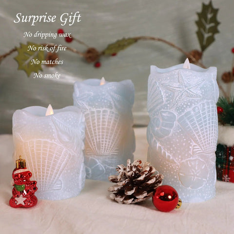 Ocean Themed Flameless Seashell Candles With Remote Control Real Wax Flicker Effect Battery Powered For Home Decor Party Wedding Nautical Christmas Easter Set Of 3 Blue displayed with holiday decor