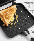 Elsjoy Stovetop Toasted Sandwich Maker Press with grilled cheese filling, aluminum flip pan, and diagonal grooves for flavor.