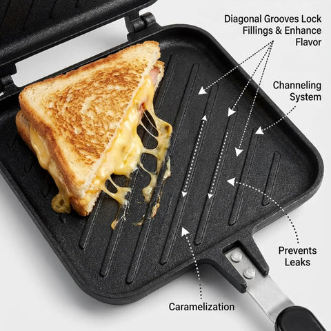 Elsjoy Stovetop Toasted Sandwich Maker Press with grilled cheese filling, aluminum flip pan, and diagonal grooves for flavor.