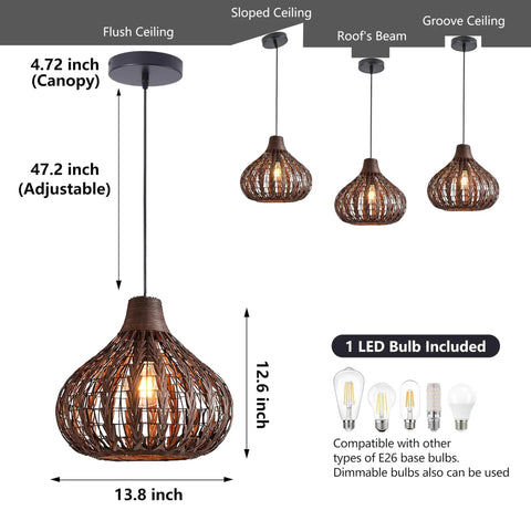 Handwoven Rattan Pendant Light With Wicker Shade Ceiling Fixture For Hallways And Islands Diameter 13.8 Inches 12W 2700K LED Corn Bulb Included