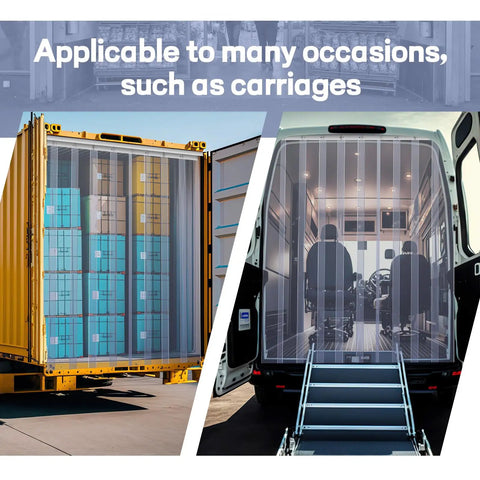 Heavy Duty Waterproof PVC Strip Door Curtain Kit 36 By 80 Inches Clear installed in a truck and shipping container.