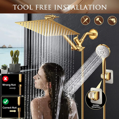 Gold Rain Shower Head And Handheld Combo With 11 Inch Adjustable Extension Arm, Five Spray Settings, 60 Inch Hose, Anti Leak Design