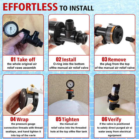 Manual air relief valve assembly with pool filter pressure gauge; black plastic body with gauge shown.