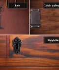 Two Pack Toggle Latch Cabinet Lock Kit with Keys, featuring key, lock cylinder, and keyhole on vintage wooden furniture.