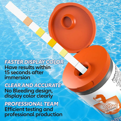 Premium 7 In 1 Pool And Hot Tub Test Strips For Crystal Clear Water Chlorine Bromine PH Alkalinity Fast Results Spa Kit No Guesswork Testing System in water with orange cap.