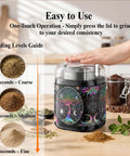 One Touch Electric Spice Grinder with stainless blades in black pattern design, hand pressing lid, grinding levels guide shown