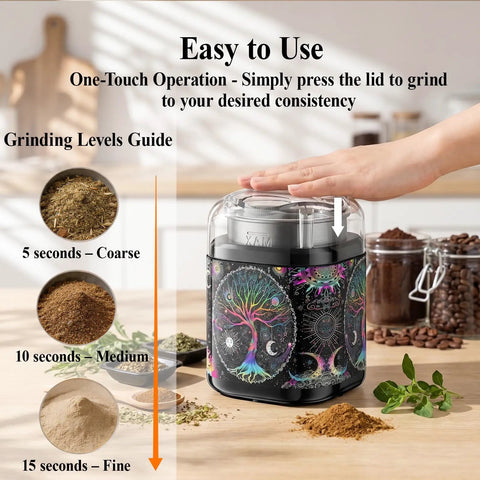 One Touch Electric Spice Grinder with stainless blades in black pattern design, hand pressing lid, grinding levels guide shown