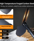 Close-up of folding shovel with serrated edge made from high-carbon steel for camping and hiking on snow and sand