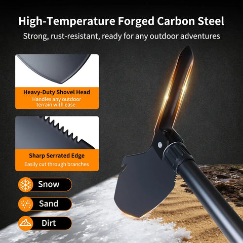 Close-up of folding shovel with serrated edge made from high-carbon steel for camping and hiking on snow and sand