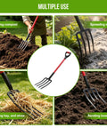 Heavy Duty Garden Pitchfork 42.5 Inch One Piece With Metal Four Tines Fiberglass D Handle Built For Digging Composting Soil Loosening Mulch And Yard Work shown being used for compost, mulch, hay, and soil.