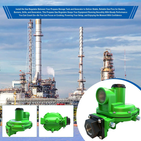 Heavy Hitter 2nd Stage Propane Regulator with adjustable pressure and NPT ports for LP setups, shown with industrial background.