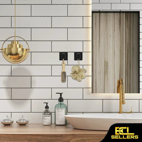 Modern bathroom with sinks, gold fixtures, and Matte Black 7-Piece Bathroom Accessories Set With 24 Inch Towel Bar Soap Dispenser Toothbrush Holder.