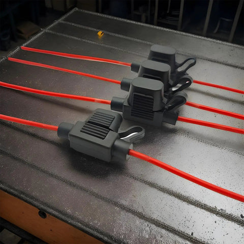 Heavy Duty Automotive Replacement Fuse Holders Waterproof Pvc Shell on red wires, designed for vehicle wiring systems.