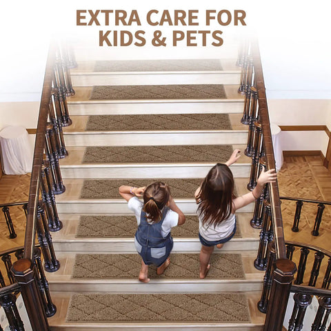 Children walking on stairs with Stair Treads For Wooden Steps 8 By 30 Inch Peel And Stick Non Slip Indoor Runner Mats 15 Pack Beige Anti Slip