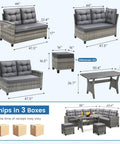 Diagram showing dimensions of 6 Piece Outdoor Patio Furniture Set With Sectional Sofa, Dining Table And Chairs, Gray, All Weather Dining Set.