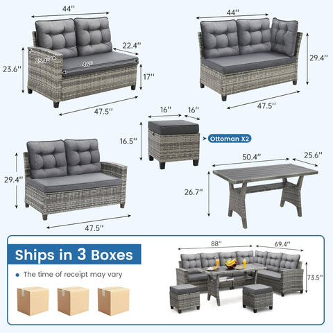 Diagram showing dimensions of 6 Piece Outdoor Patio Furniture Set With Sectional Sofa, Dining Table And Chairs, Gray, All Weather Dining Set.