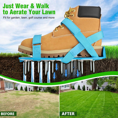 Lawn Aerator Shoes For Grass And Yard Care, Preassembled And Ready To Rock, Adjustable Hook And Loop Straps, before and after lawn