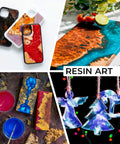 Collection of vibrant resin art pieces including phone cases, cutting board, coasters, and hanging ornaments with colorful designs.