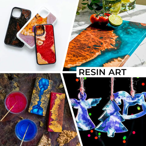 Collection of vibrant resin art pieces including phone cases, cutting board, coasters, and hanging ornaments with colorful designs.