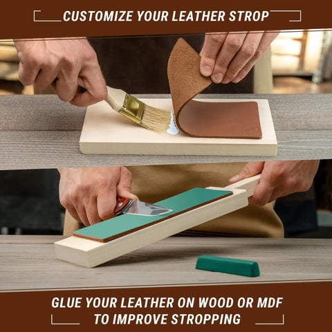 Applying glue on leather for Double Sided Knife Stropping Leather Strop Kit 3 By 8 Inches with honing and polishing compound set.