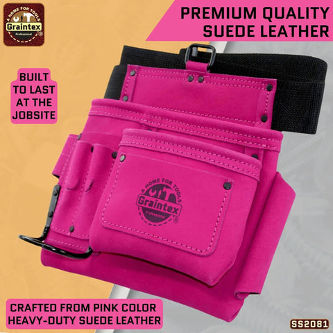Pink Suede Leather 5 Pocket Tool Belt Bag For Women And Men, multipurpose construction and DIY pouch with hammer holder visible.