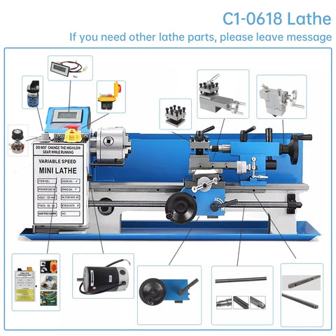 C1-0618 lathe with light milling machine switch and parts displayed, focus on mini lathe forward off reverse motor control 220V 380V.