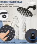 Matte Black Tub And Shower Faucet Set With 8 Inch All Metal Rainfall Showerhead Tub Spout And Single Handle Trim Kit Included Valve For A Modern Bath Upgrade displaying all-metal showerhead spraying water with 360° rotation feature in matte black finish.