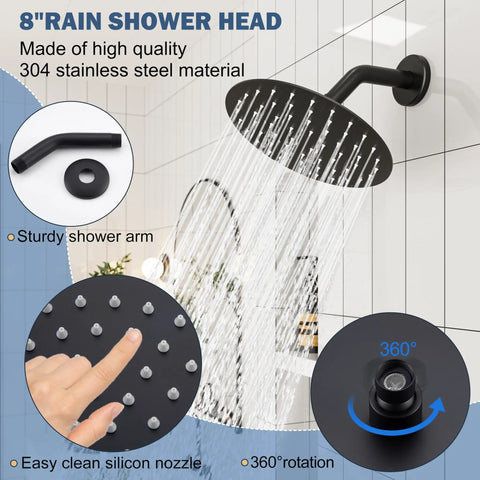 Matte Black Tub And Shower Faucet Set With 8 Inch All Metal Rainfall Showerhead Tub Spout And Single Handle Trim Kit Included Valve For A Modern Bath Upgrade displaying all-metal showerhead spraying water with 360° rotation feature in matte black finish.