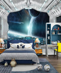 3D Spaceship Peel and Stick Wall Murals for Kids Room Large 141.7 by 98.4 Inches Self Adhesive Vinyl Space Poster Universe Galaxy Theme shown in bedroom