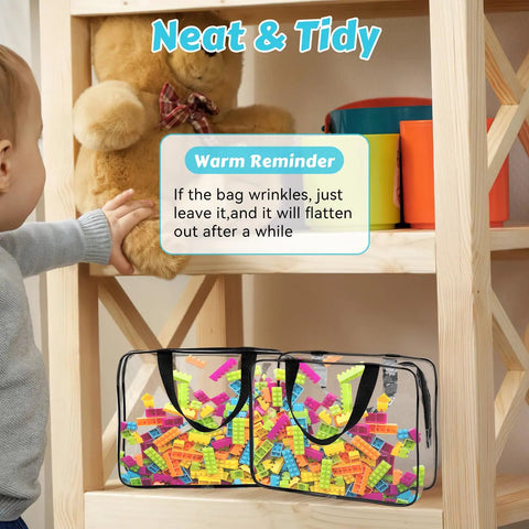 Child reaching for 4 Pack Clear PVC Toy Storage Bags With Zipper, Large Black Waterproof Reusable Organizer Bags on shelf with toys