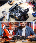 Man working on electronics with Heavy Duty 1000uF 63V Electrolytic Capacitors, boy learning nearby with a model car on a table.