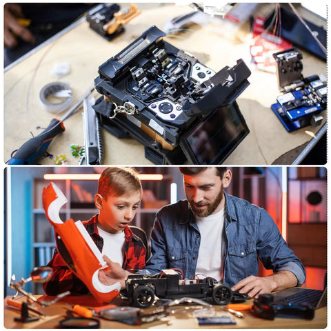 Man working on electronics with Heavy Duty 1000uF 63V Electrolytic Capacitors, boy learning nearby with a model car on a table.