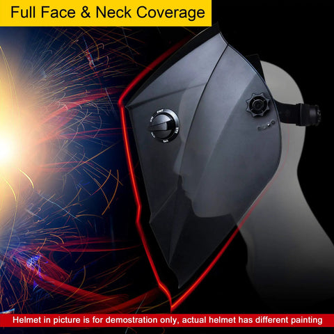 Side view of Auto Darkening Welding Helmet With 4/5-13 Shade Range, showcasing design and full face coverage, sparks in background
