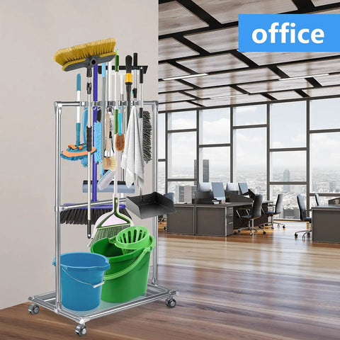 Stainless Steel Movable Broom Holder Organizer For Closet Storage And Mop Rack Floor Standing Cleaning Supplies Cart Durable And Easy To Install For Garden Garage Schools Hotels Hospitals Factories And Restaurants in office setting