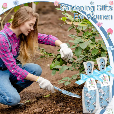 Woman using 12 Pack Floral Garden Shovel Set For Women Bulk Garden Tools Gift Bundle With Heavy Duty Trowels Thank You Cards And Bags