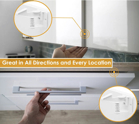12 Pack Invisible Baby Proofing Cabinet Locks With Sticky Adhesive Latches for cabinets, close-up of lock installation, hand near cabinet