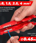 Hand holding a red Versatile 8-in-1 Multifunction Wire Stripper Cable Tool for stripping 0.8 to 4 mm wires with side cutter.